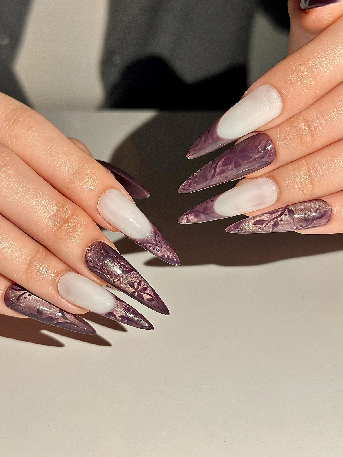 Dark Purple Cat Eye Press On Nails, Mystic Floral French Tip Nails, Ethereal Smoky