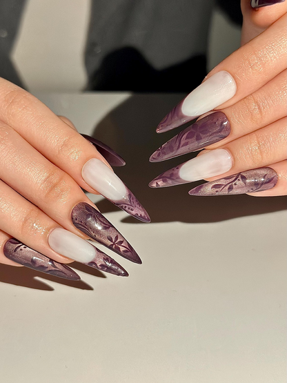 Dark Purple Cat Eye Press On Nails, Mystic Floral French Tip Nails, Ethereal Smoky