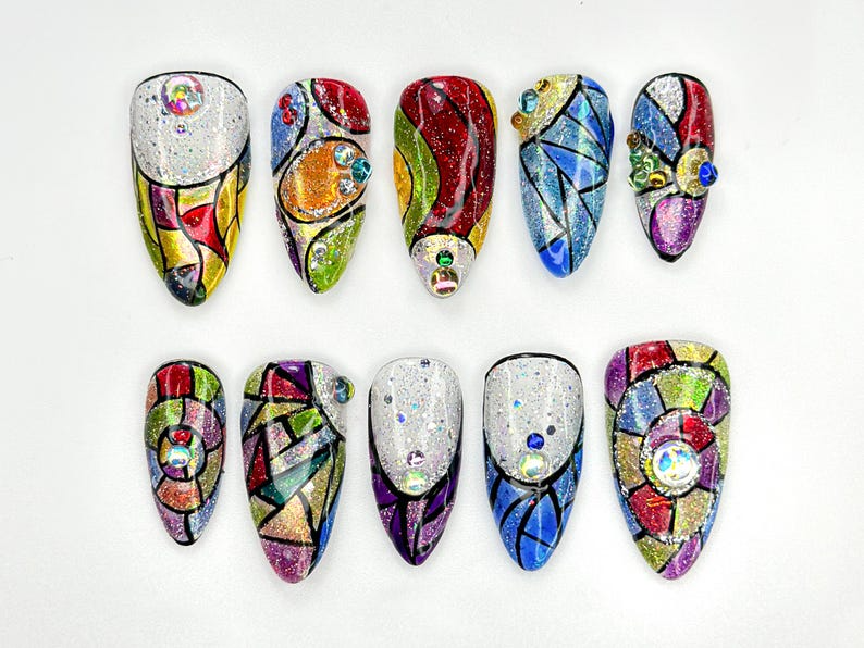 Stained Glass Fantasy Press On Nails Hand-Painted Mosaic Nail Art Sparkly Abstract Rainbow Design Festival Boho Press On Set OC786HC