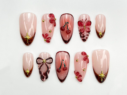 Cherry Blush Bloom Press On Nails 3D Red Floral & Bow Nail Art Sweet Cherry Nails 3D Red Flower Nails Romantic Nail Set OC770HC