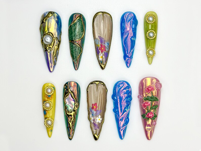 Floral Chrome Press On Nails Mixed Pearl 3D Art Nails Sculpted Nature-Inspired Holographic Garden Press Ons Artistic Nail OB856HK