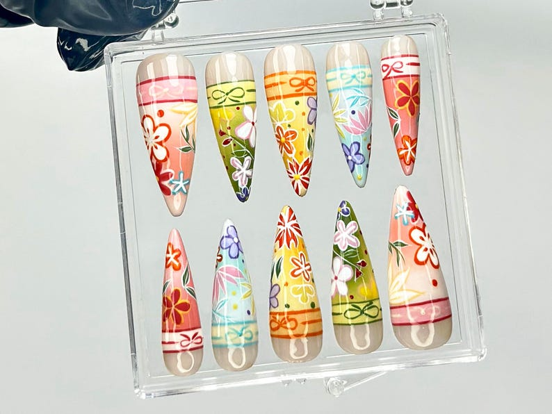 Kimono-Inspired Press On Nails Japanese Floral Fake Nails Japanese Kimono Nail Art Traditional Bright Floral Press Ons