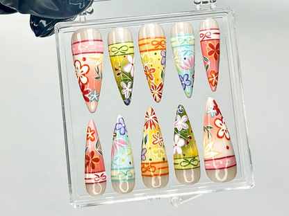 Kimono-Inspired Press On Nails Japanese Floral Fake Nails Japanese Kimono Nail Art Traditional Bright Floral Press Ons