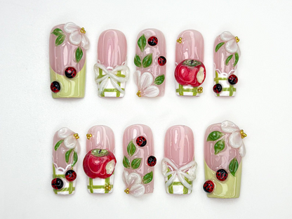Handmade Picnic Theme Press On Nails 3D Flower & Ladybug Nails Cottagecore Nail Set Pink Green Nature Nails Handmade Nails OB859H