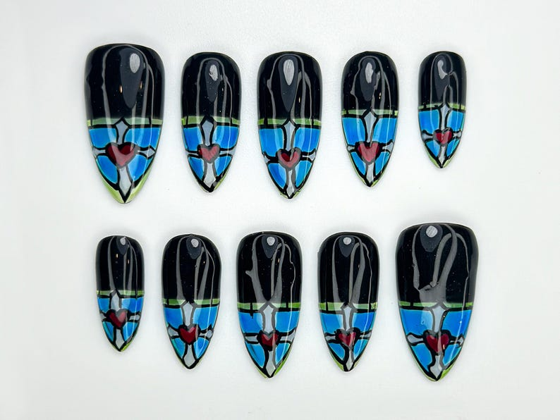 Stained Glass Heart Press On Nails Blue Black Gothic Nail Art Hand Painted Window Glass Design Red Heart Accent Nails