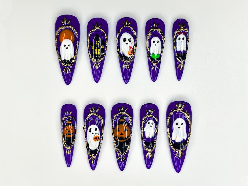 Purple Gothic Halloween Press On Nails, Ghost & Pumpkin Halloween Nail Design, Haunted