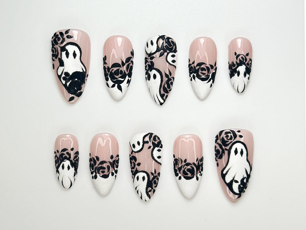 Ghost & Roses Halloween Press On Nails Black Lace Rose Nail Art White Halloween Nails Handmade Spooky Glam Press Ons