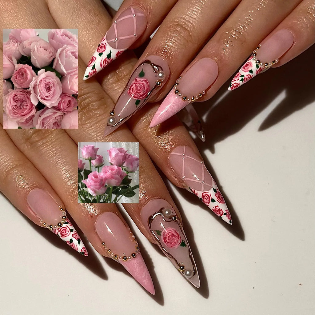 Vintage Rose Stiletto Press On Nails Pink Rose Bridal Nails for Women French Tip Floral