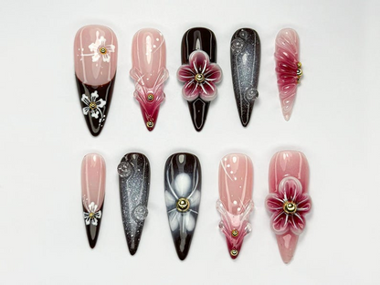 Elegant Red Floral Press On Nails 3D Red Blossom Nail Set Elegant Spring Nails Glossy Floral Nail Set Dark Glam Nails OC756HC