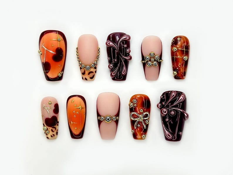 Fall Orange Leopard Press On Nails Autumn Handmade Luxury Set 3D Bow & Butterfly Nail Art Fall Statement Design