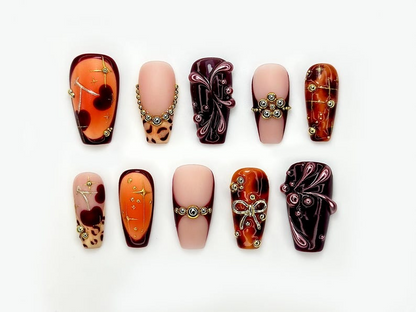 Fall Orange Leopard Press On Nails Autumn Handmade Luxury Set 3D Bow & Butterfly Nail Art Fall Statement Design