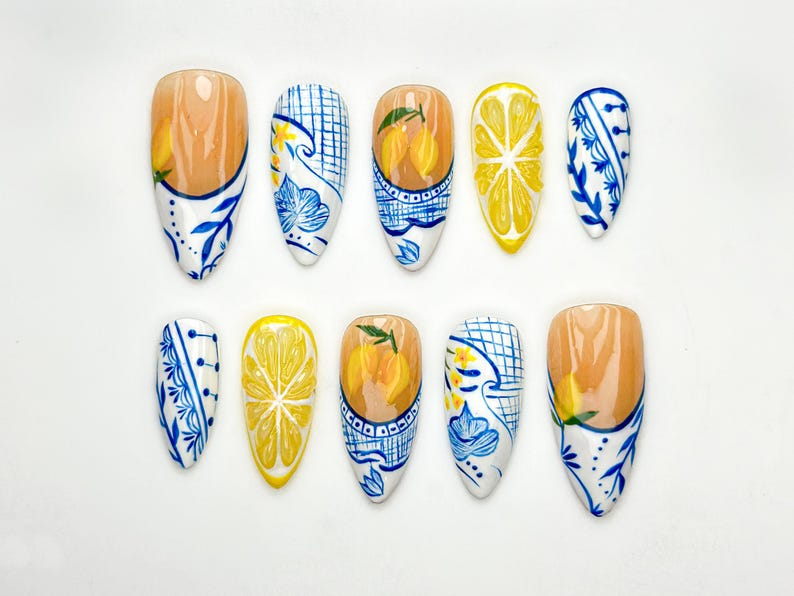 Lemon Garden Press On Nails Blue White Floral Ceramic Nail Art Summer Lemon Zest Nails Fresh Fruit Nails Fresh Nails