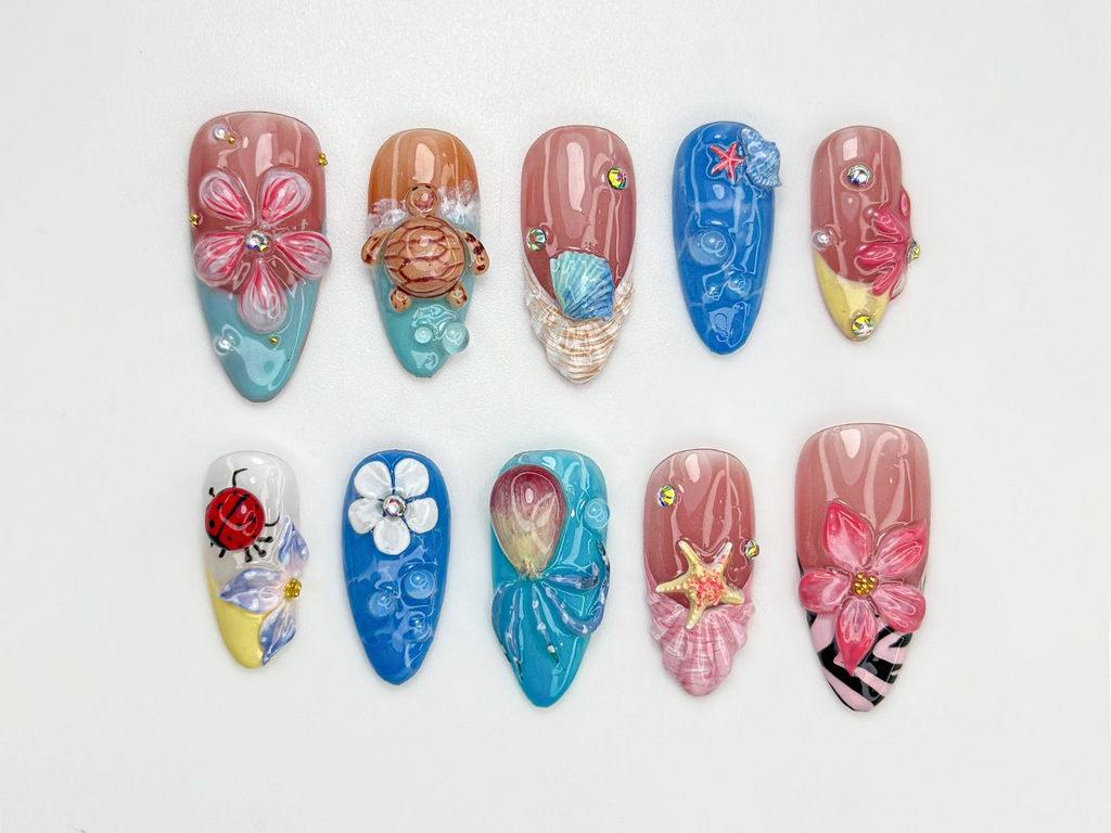 Tropical Sea Turtle Press On Nails 3D Beach Shell & Starfish Nails Handmade Summer Mermaid Vibes Tropical Sea Nail Art OB809HK