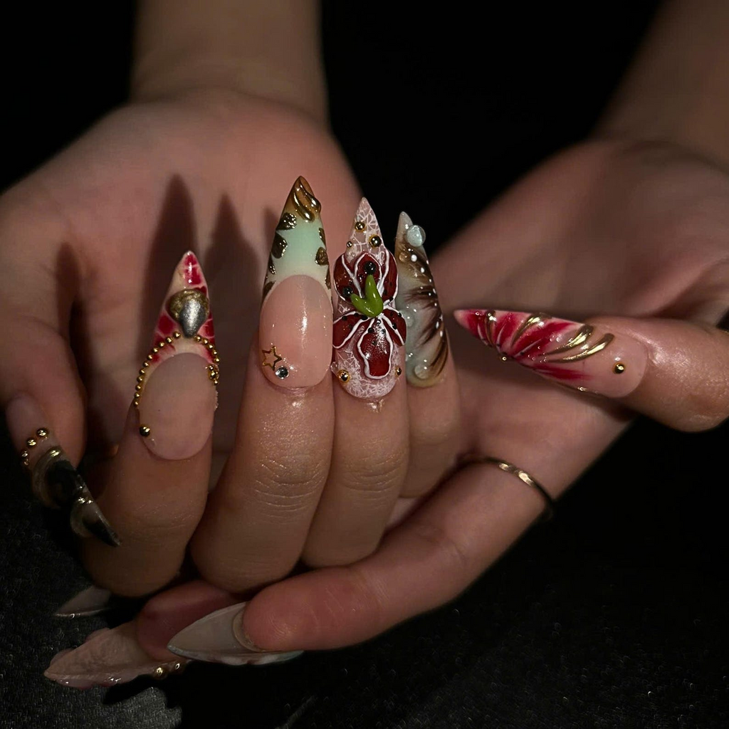 Luxury Floral Press On Nails, Burgundy Gold Nails, 3D Flower Nail Set, Vintage Glam