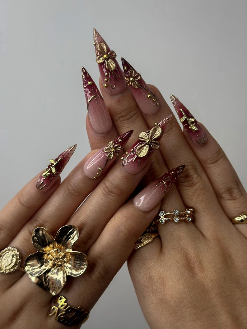 Golden Red Press On Nails Burgundy & Gold Floral Nail Art 3D Metallic Flower Design Luxury Nail Set Long Stiletto Press Ons