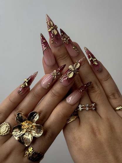 Golden Red Press On Nails Burgundy & Gold Floral Nail Art 3D Metallic Flower Design Luxury Nail Set Long Stiletto Press Ons