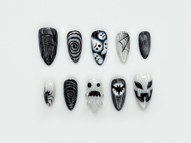 Press on nails for halloween| Black White Gothic Halloween Nails 3D Ghost & Spider Design Spooky Night Nail Art