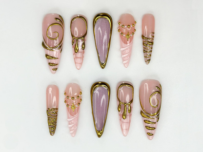 Nude Pink Gold Press On Nails Luxury Molten Metal Nail Art Elegant Long Stiletto Press Ons
