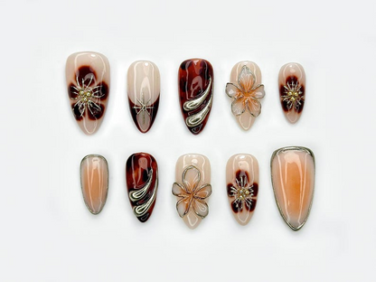 Autumn Tortoiseshell Blossom Press On Nails Brown Nude Gradient Nail Art 3D Floral & Metallic Accents Elegant Long Nail Set