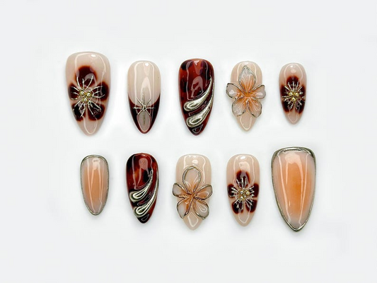 Autumn Tortoiseshell Blossom Press On Nails Brown Nude Gradient Nail Art 3D Floral & Metallic Accents Elegant Long Nail Set