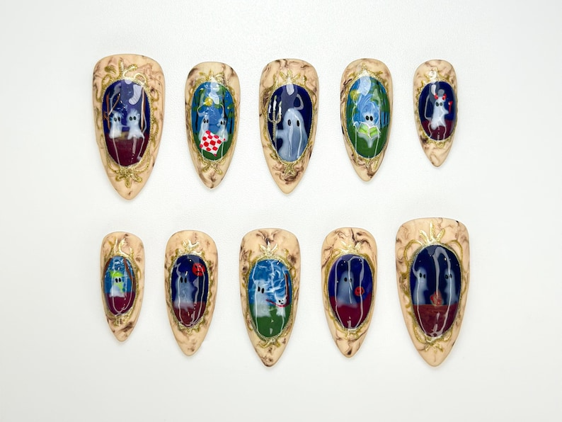 Haunted Portrait Gallery Press On Nails Spooky Halloween Nail Art Vintage Frame Ghost Press Ons Handmade Gothic Nail Set