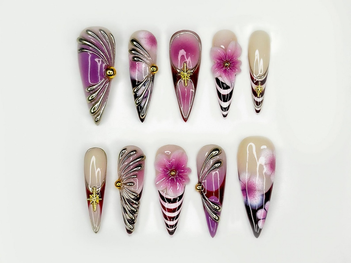 Elegant Violet Floral Press On Nails Purple Chrome Floral Nails| Elegant Holiday Nails Luxury Gradient Press Ons