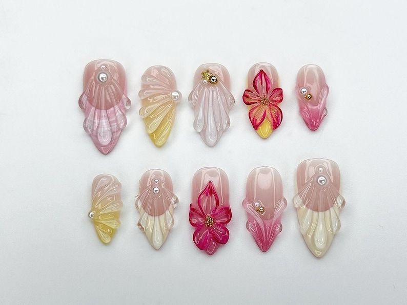 Jelly Flower Press On Nails 3D Floral Nails with Pearls and Petal Wings Romantic Pink Gel Nail Set Summer Nails Holiday Nail