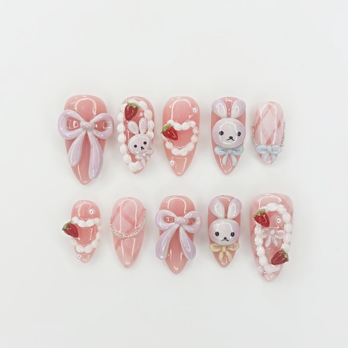 Soft Pink Bunny Press On Nails Kawaii Nail Art with Bows Handmade Pastel Nails Sweet Gift for Her