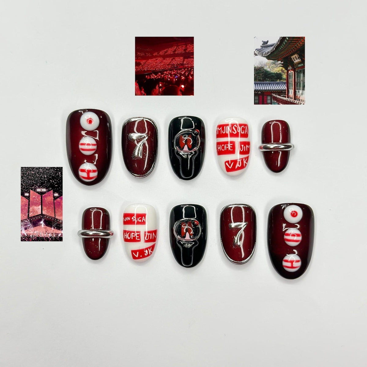Kpop Inspired Arirang Spirit Nails, 7 Spirit Cupid Voyage Press Ons, Red White Silver 3D