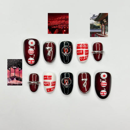Kpop Inspired Arirang Spirit Nails, 7 Spirit Cupid Voyage Press Ons, Red White Silver 3D
