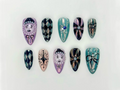 Harlequin Masquerade Halloween Press On Nails, Diamond Pattern & 3D Face Nail Art