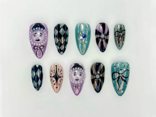 Harlequin Masquerade Halloween Press On Nails, Diamond Pattern & 3D Face Nail Art