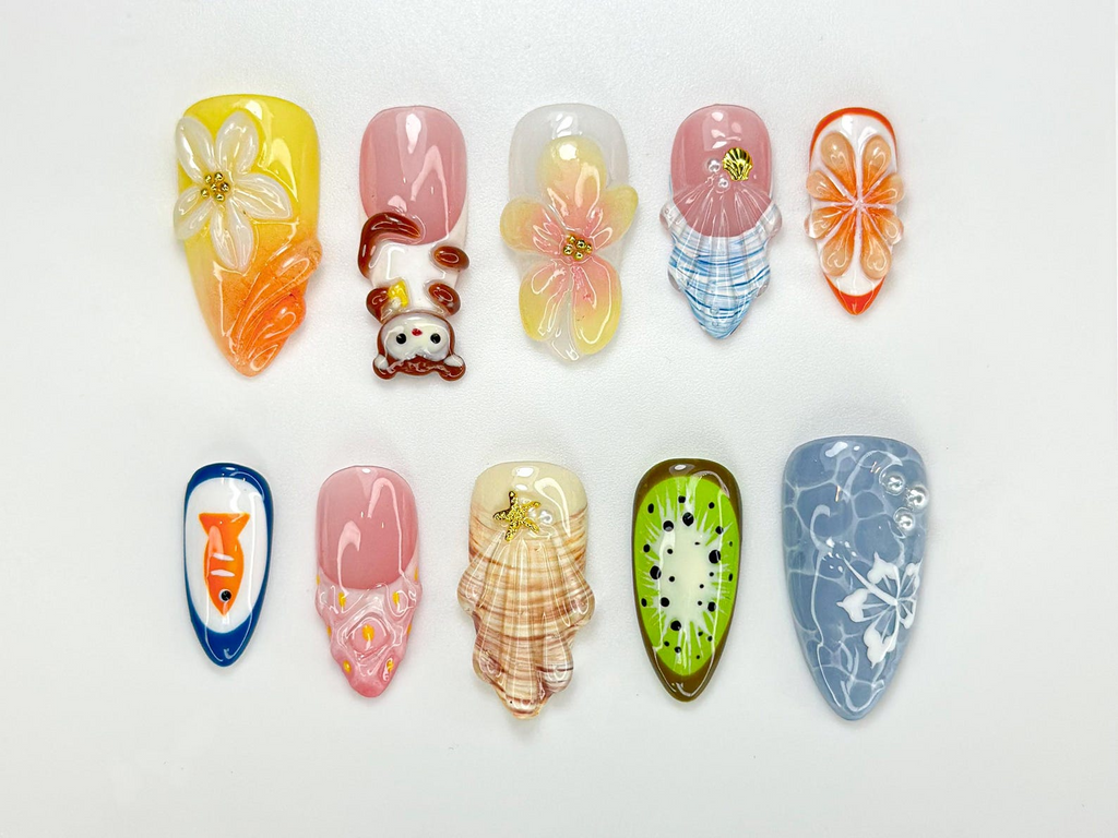 Summer Picnic Mokey Press On Nails 3D Fruit & Flower ArtFun Mismatched Vacation Nail Set Playful Beach Picnic Nail| Cute Nails
