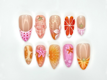 Tropical Summer Splash Press On Nails Cute Starfish & Shell Design Bright Sunset and Beach Theme Nails 3D Ocean Nail Art