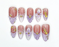Lavender Ocean Bloom Press On Nails 3D Seashell & Seahorse Nail Art Purple Floral Mermaidcore Tips Long Glossy Set