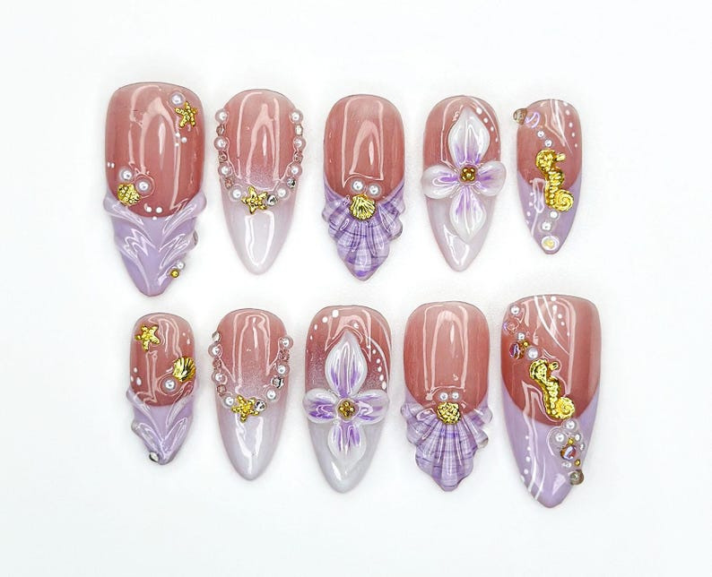 Lavender Ocean Bloom Press On Nails 3D Seashell & Seahorse Nail Art Purple Floral Mermaidcore Tips Long Glossy Set
