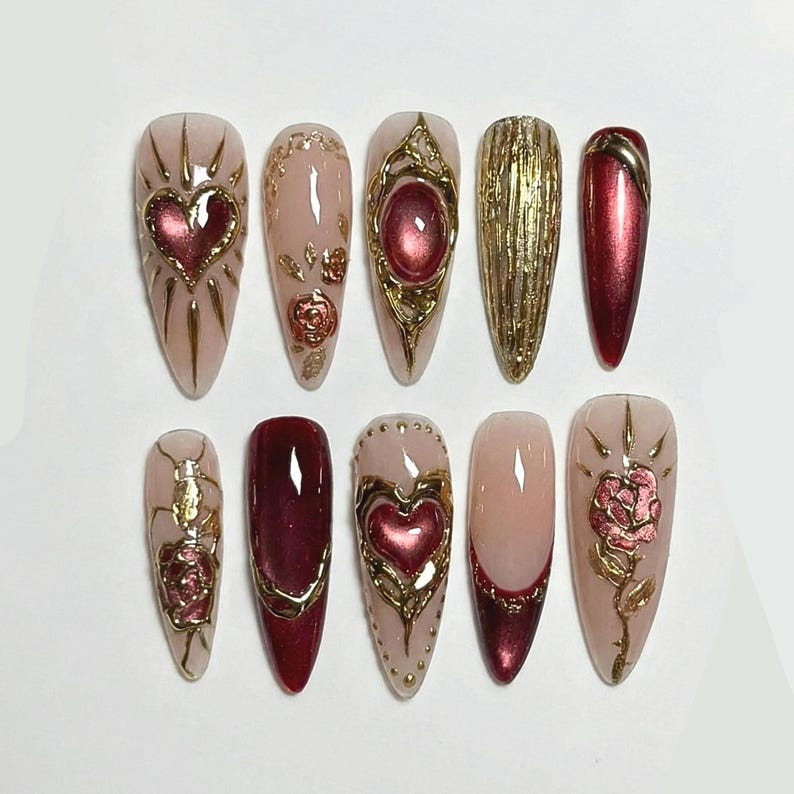 Press On Nails Adhesive Tabs – Nude Burgundy Gold Heart & Rose Chrome Long Stiletto