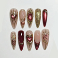 Press On Nails Adhesive Tabs – Nude Burgundy Gold Heart & Rose Chrome Long Stiletto