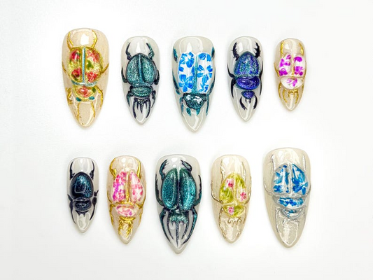 3D Beetle Press On Nails Insect Art Nail Design Vintage Bug Aesthetic Nails Handmade Ceramic-Inspired Nail Set Scarab NailsOB875HC