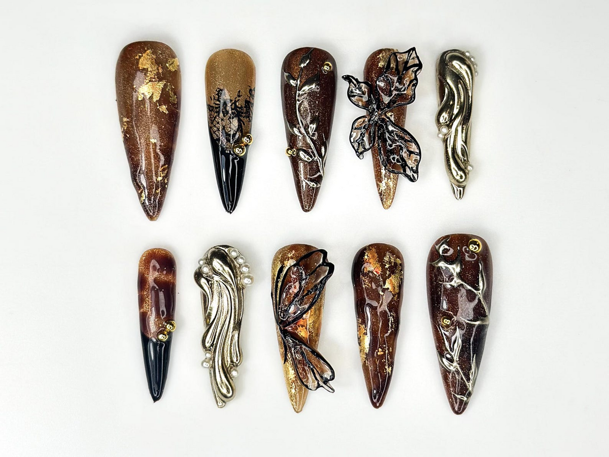 Autumn Butterfly Press On Nails Luxury Handmade Brown Nails Nature Inspired Stiletto Press Ons Elegant Butterfly Design