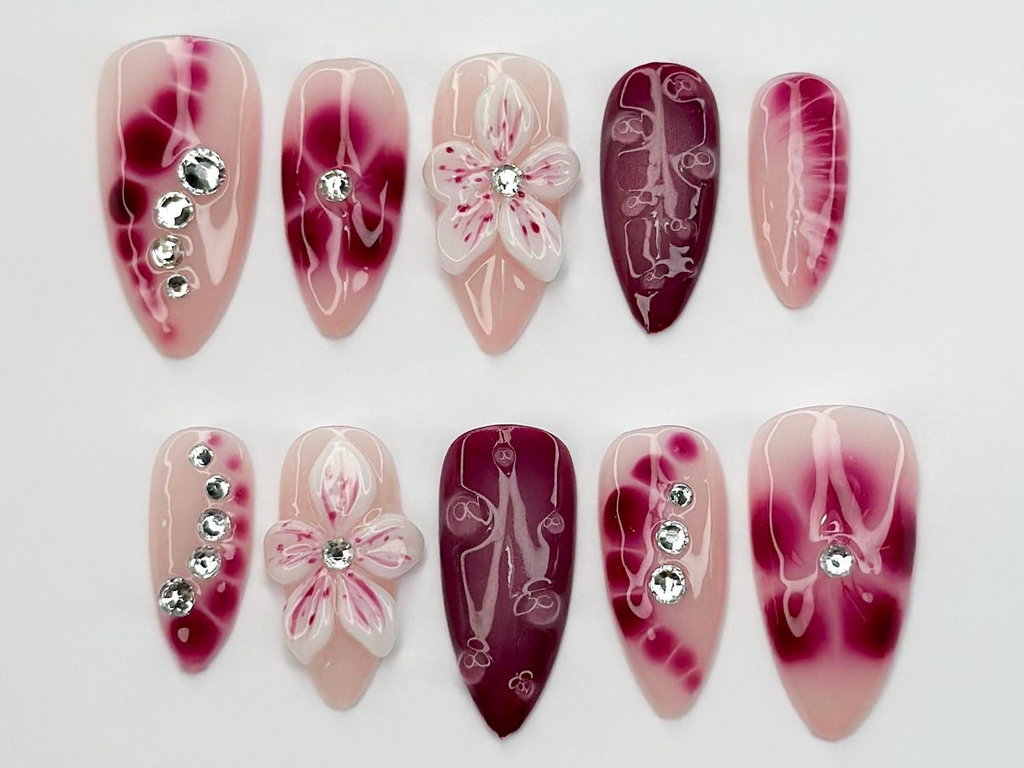 Hand Painted Press On Nails Floral Accent Nails3D Flowers - Rhinestone Accents| Perfect for Special Occasions