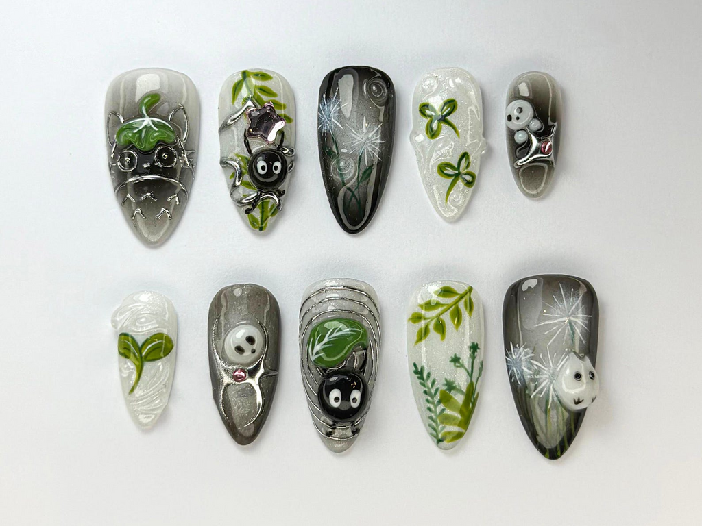 Whimsical Forest Totoro Press-On Nails Totoro-Inspired Handmade Nailss Totoro & Soot Spirit Nail Design Handmade Fantasy NailOB719HC