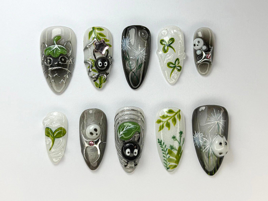 Whimsical Forest Totoro Press-On Nails Totoro-Inspired Handmade Nailss Totoro & Soot Spirit Nail Design Handmade Fantasy NailOB719HC