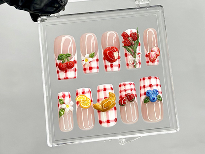 Gingham Picnic Press On Nails 3D Fruit & Floral Nail Art Cherry Strawberry Lemon Press Ons Cottagecore Picnic Fake nails OB944YK