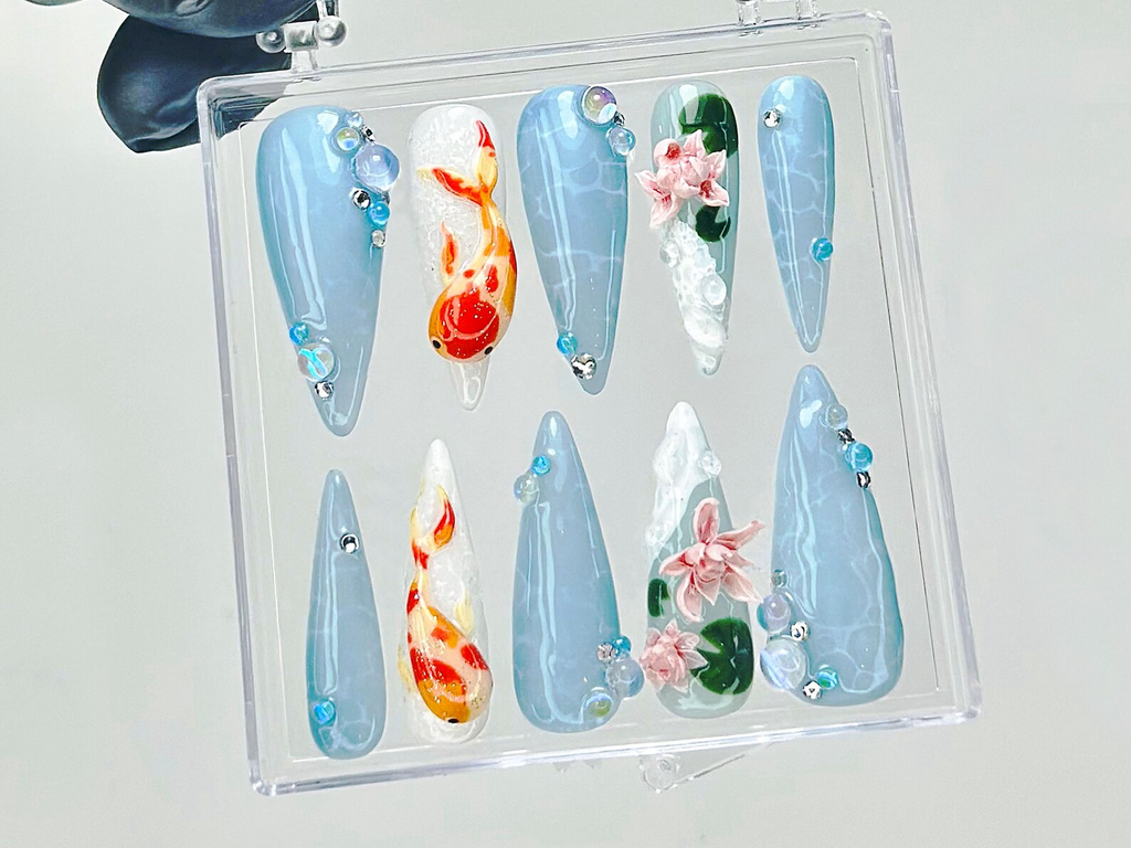Koi Fish Press On Nails 3D Water Lily Fake Nails Japanese Koi Nail Art Ocean Theme Press Ons Goldfish & Lotus Nails