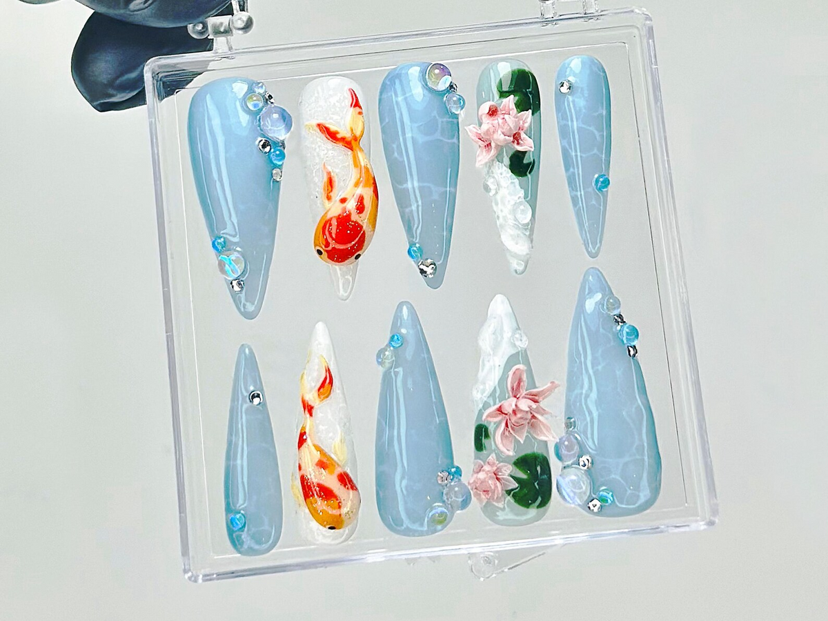 Koi Fish Press On Nails 3D Water Lily Fake Nails Japanese Koi Nail Art Ocean Theme Press Ons Goldfish & Lotus Nails
