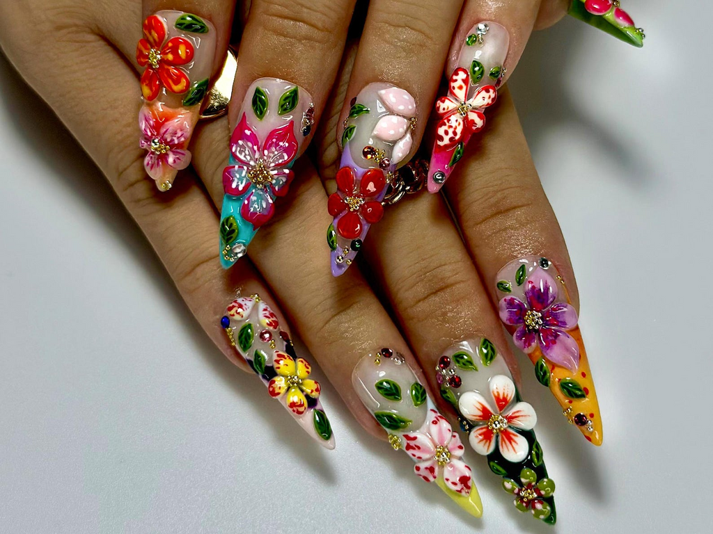 Tropical Garden Explosion Press On Nails 3D Colorful Floral Nail Art Rainbow Gradient Tips with Leaves & Gems