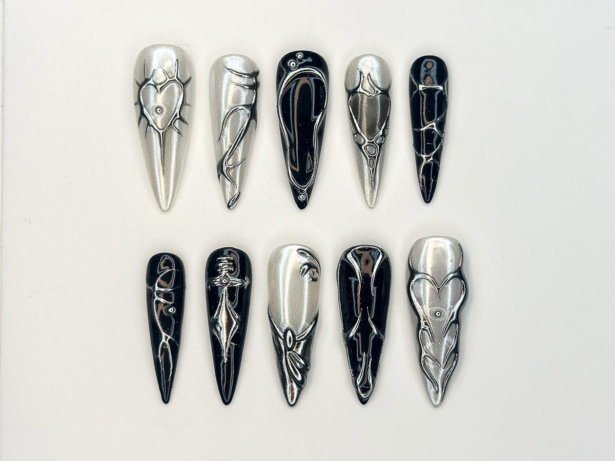Black Silver Chrome Press On Nails Gothic Metallic Nail Art Winter Armor Nails Holiday Party Nails Handmade Gift Set