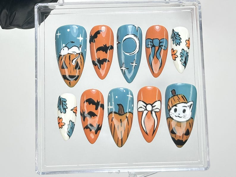 Halloween Cat Press On Nails, Fall Blue Orange Nail Art, Pumpkin & Bat Fake Nails, Pumpkin