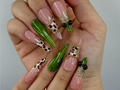 Jungle Safari Glam Press On Nails Leopard Print & Green Tropical Accents 3D Gold Chain Detailing Exotic Safari-Inspired Nail